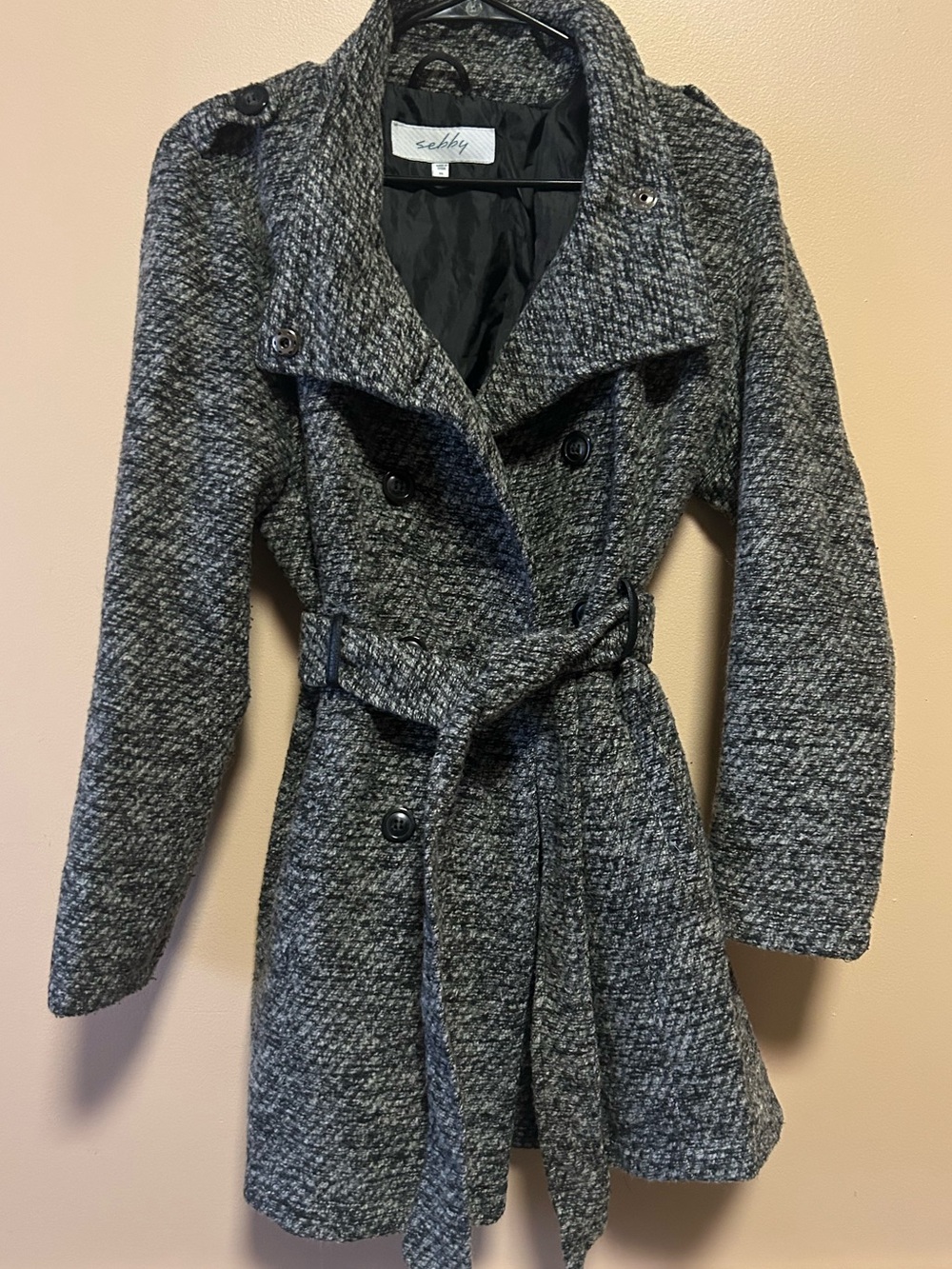 Sebby Charcoal Tweed Textured Wool Double-Breasted Coat